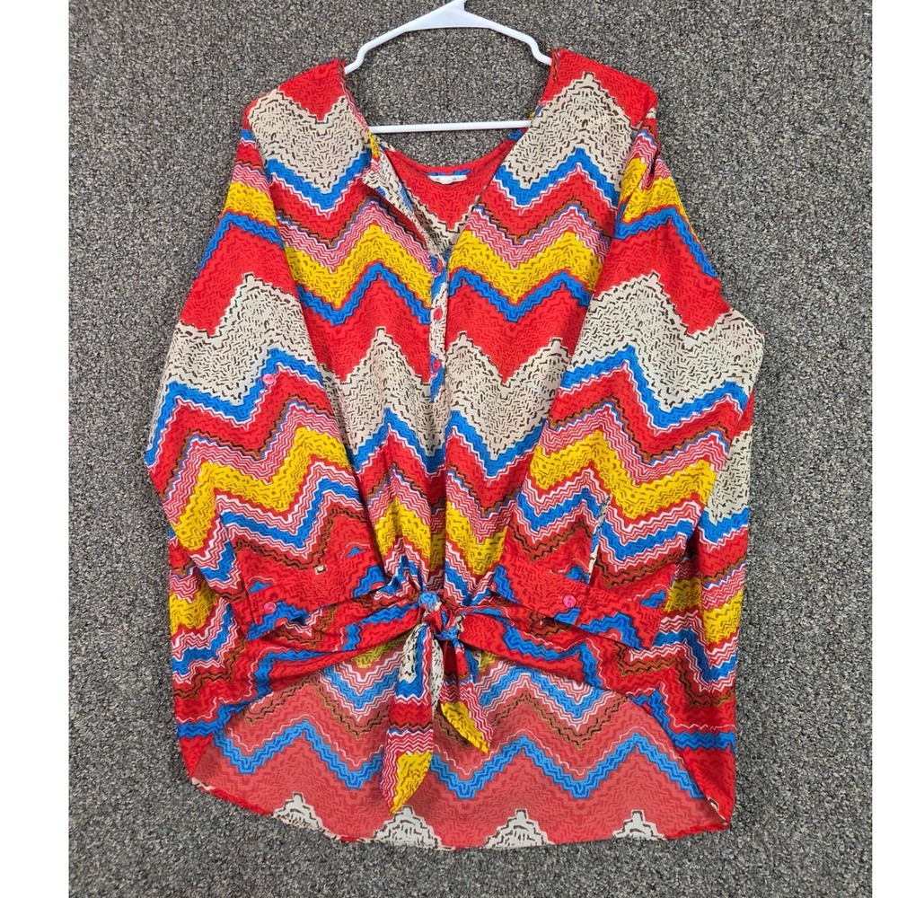 Antilia Femme Tie Front Top Womens 1X Multicolor Chevron Zigzag Button Blouse